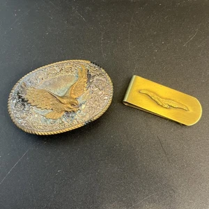 De Colección Crumrine EE. UU. Placa de Plata Ovalada Hebilla de Cinturón Bronce Águila Elevada y Clip para Dinero - Imagen 1 de 8