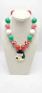 Kids Chunky Beads Christmas Necklace Snowman Red White Green - Picture 1 of 4