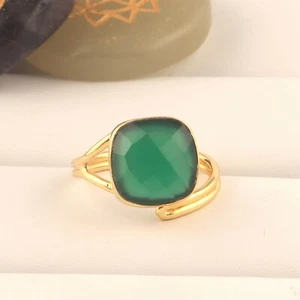 Checker Cut Green Onyx Yellow Gold Plated Double Layer Band Adjustable Ring - Picture 1 of 3