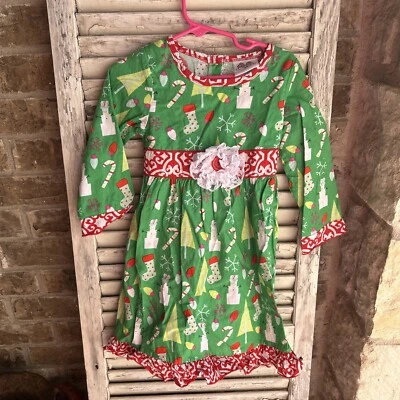 Ann Loren Christmas Holiday Dress 4 5 Green Cotton Snowman Tree Candy Cane - Image 1 of 4