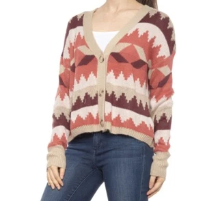 NWT C & C California M Katie Jacquard Cardigan Sweater Chunky Cropped Button Up - Picture 1 of 5