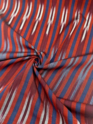 Navy Red Ikat Striped Luxurious Silk Kutnu Fabric By 2 Meters, Kutnu Fabric. - Image 1 of 4