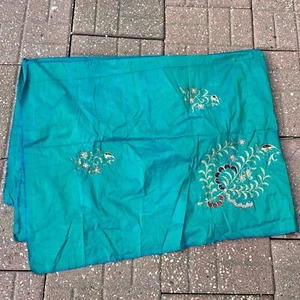 Raw Silk Sari Fabric W/ Embroidery Blue Green Remnant 62”x44” - Picture 1 of 2