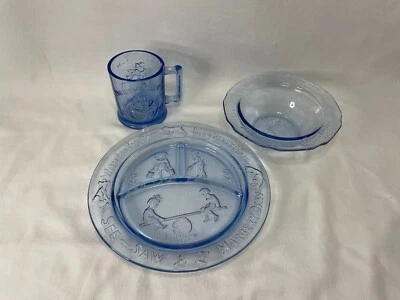 NWB Tiara Glass Blue Nursery Rhyme Children's Set Plate Mug Bowl 10462 - Image 1 of 4