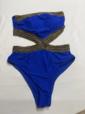 NEW~One Piece Swimsuit SZ M Cut Out Royal Blue Gold Sequins Lined Trendy Unique - Image 1 of 4