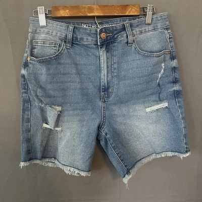 Шорты женские без границ 11 синяя джинсовая ткань искусственно состаренные бермуды срезанный потертый подол - Изображение 1 из 4