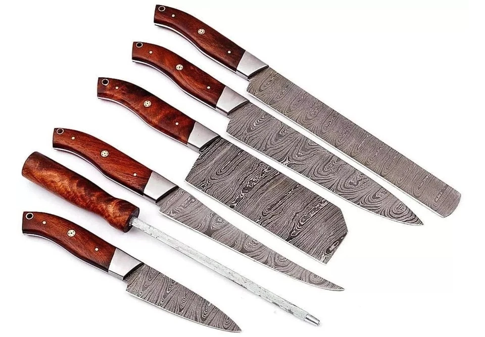 Handcrafted Damascus steel chef's knife set - 5 knives + honing rod, leather rol - Bild 1 von 4
