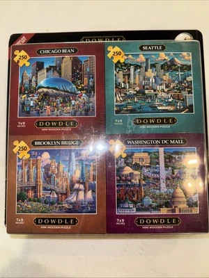 DOWDLE 4-Pack Mini Wooden Puzzles 250 Pc  "American Cities Set & Tray" New - Image 1 of 3