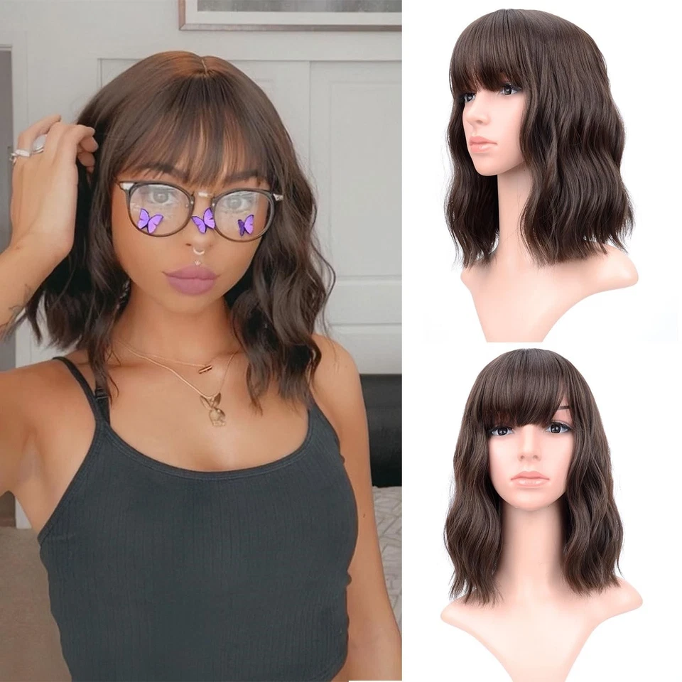 Vckovcko Pastel Wavy Wig Short Bob Wigs With Air Bangs Brown Size Znsv