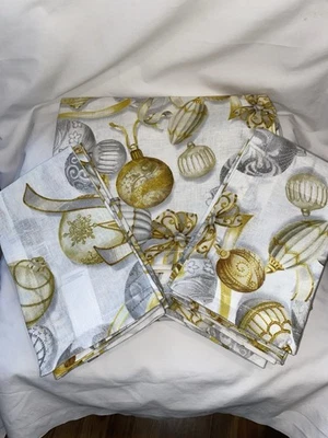 Williams-Sonoma Gold Ornaments Holiday Linen Tablecloth w/8 Napkins NWOT - Image 1 of 4