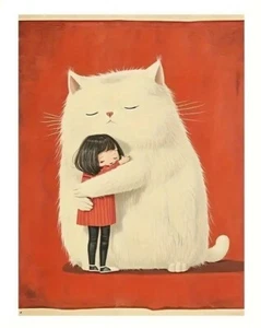Beautiful Cat Hugging Girl - Canvas Art Poster Print - 12"x16" Unframed - NEW - Picture 1 of 6