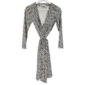 Diane Von Furstenberg Silk Wrap Dress Size UK12 White Black Midi Geometric Chain - Picture 1 of 14