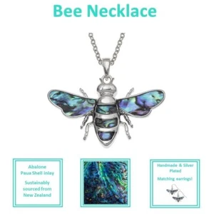 Womens Silver Abalone Shell Bumble Bee Pendant Necklace Earrings Jewellery Gift - Picture 1 of 5