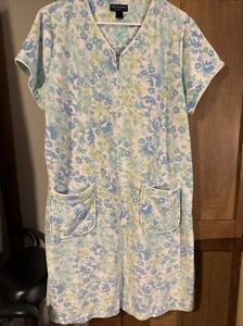 Miss Elaine Size Large Blue/Green Floral Soft House Coat Robe Zipper Vintage L - Picture 1 of 7