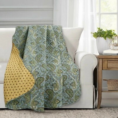 Green Paisley Country Style  Printed Reversible Cotton Quilted Throw  - Image 1 of 4