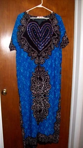 NEW - Love Sahara Kaftan - Blue w Heart Africa Tribal Pattern CoverUp Maxi Dress - Picture 1 of 7