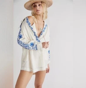 Free People Lagos Embroidered Hoodie Top Women Size XS Ivory Blue NWT $168 - Picture 1 of 3