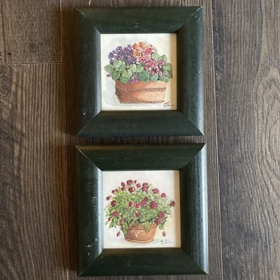 Vintage Peggy Abrams Signed Pair Of Flower Prints Wood Framed Size 4" x 4" - Image 1 of 4