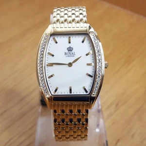 Mens NEW Embellished Slim Gold Tonneau Royal London Gents Bracelet Dress Watch - Picture 1 of 10
