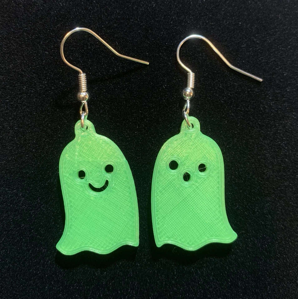 Green 3D Printed earrings, Happy Ghost, Halloween - Image 1 of 1