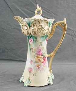 Antique R.S. Prussia Red Mark Chocolate Pot White Green Pink Roses Gold 10.5” - Picture 1 of 5