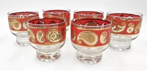 Superb Culver Red Paisley 22k Gold Glassware Set of 6 Circa 1960s - Picture 1 of 6