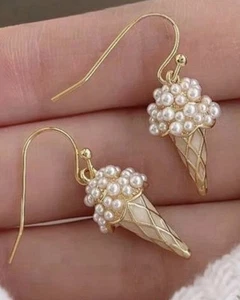 14k Gold Plated 925 Sterling Silver Imitation Pearl Ice Cream Cone Earrings NWOT - Picture 1 of 11