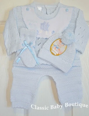 Nuevo con etiquetas Will'beth Azul Tejido Bienvenida Conjunto de 4 piezas Bebé prematuro Niños Pom Sombrero Botines 00 Foto 1 de 2