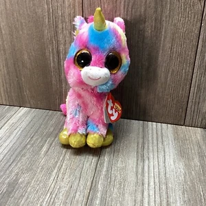 Ty Beanie Boos FANTASIA Unicorn Big Eyes Rainbow Multi Color 7” - Picture 1 of 14