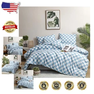 Encantador juego de edredón doble a cuadros azul claro - ropa de cama lavable a máquina - Imagen 1 de 9