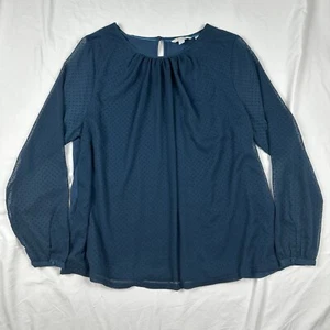 Boden Size 16 Blue Green Textured Swiss Dot Sheer Sleeve Blouse Key Hole Back - Picture 1 of 7
