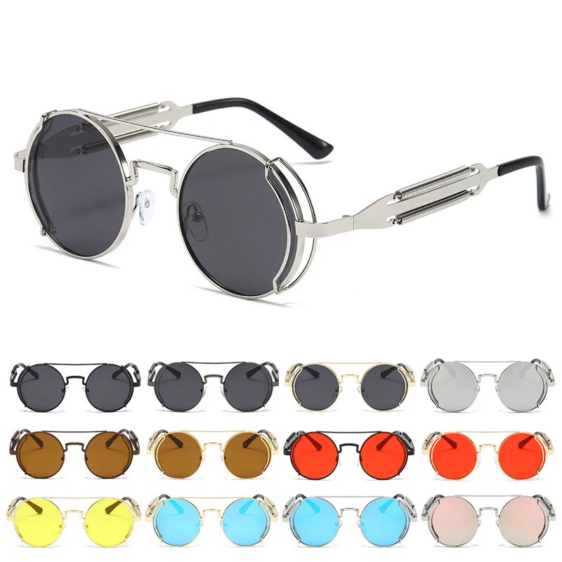 Technigadgets Julian Steampunk - Lentes De Sol Retro Redondos Con Marco De Metal Con Protector Lateral De Cuero, Lentes De Espejo Para Hombre, Regalo (negro Gris