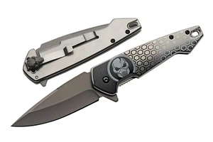 Folding Knife | Gray Stainless Steel Drop Point Blade Metal Handle - Picture 1 of 4