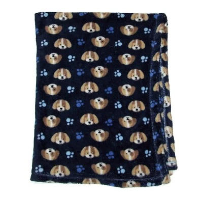 Cutie Pie Navy Blue Brown Puppy Dog Face Blanket Paw Prints Security Lovey  - Image 1 of 2