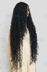 Extra Long Spiral Curls Lace Front Human Hair Blend Wig EVGP Jet Black - Picture 1 of 10