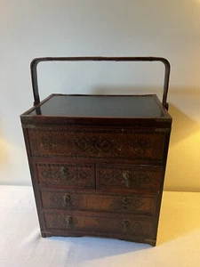 Antique Chinese Woven Rattan Portable Wedding Side Chest - Picture 1 of 7