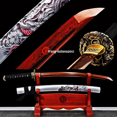 Wakizashi Red&Black Damascus Folded T9 Steel Battle Ready Japanese Samurai Sword - Image 1 of 4