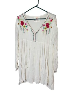 Boho Jane Damen Off White Tunika Bluse V Ausschnitt Ärmel Blumen Stickerei - Bild 1 von 6