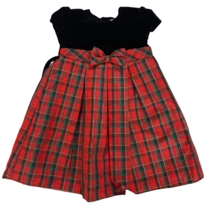 Little Girls 3T Christmas Dress Black Velvet Top Taffeta Plaid Red Skirt Vintage - Picture 1 of 11