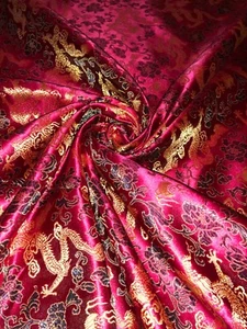 1 Meter Wine Red/Gold Chinese Dragon Design Brocade Fabric 45” Wide Oriental - Picture 1 of 5