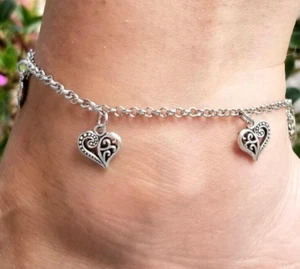 Silver Heart Anklet, Heart Ankle Bracelet, Heart Charm Anklet, Rolo Chain Anklet - Picture 1 of 6