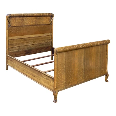 Late 19th Century Victorian Tiger Oak Full Sleigh Bed or Panel Bed - Image 1 of 4