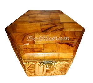 Bethlehem Olivenholz geschnitzt Jerusalem Achteck Schmuck Andenken Schatulle Christentum - Bild 1 von 11