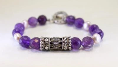 天然紫色AMETHYST、珍珠和Marcasite纯银手镯8.5英寸 — 第 1/4 张图片