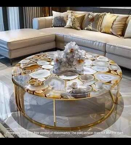 Agate Table Top 24 inch Round Without Legs Made On Wooden Plank - Picture 1 of 5