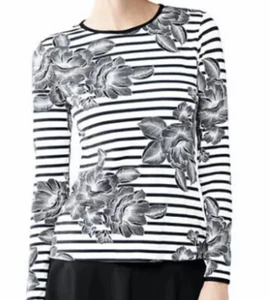 Lands End XXS Black Floral Crew Neck Long Sleeve Rash Guard Swim Tee Modest UPF - Picture 1 of 10