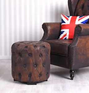 English Stool Upholstered Chesterfield Pouf Faux Leather Loft Ottoman New - Picture 1 of 6