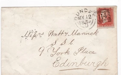 1857 QV FINE 1d PENNY RED STAMP ON DUNDEE (EXPERIMENTAL PMK) COVER TO EDINBURGH - Image 1 of 3