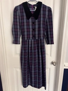 Vintage 90s Miss Dorby Plaid Maxi Dress Prairie Shoulder Pads Secretary Cotton - Picture 1 of 8