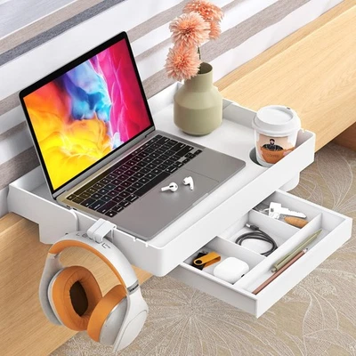 Folding Bedside Shelf with Drawer Storage Clip-On Bedside Tray with Cupholder UK - Image 1 of 4